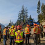 Foresters standing on a logging trail in front of a blue forwarder
